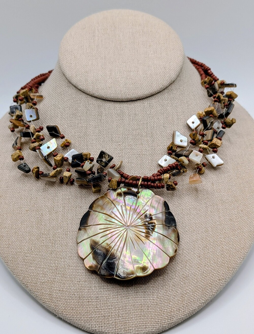Earthy Boho Fall Stone and Shell Necklace Floral Carved Shell Pendant